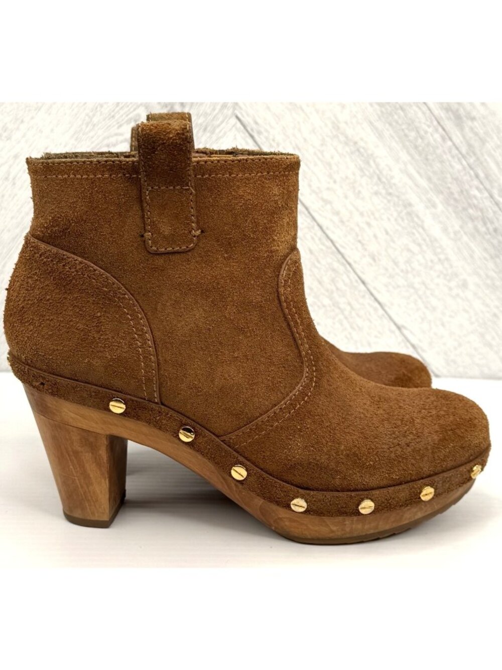 Tory Burch Ginevra Ankle Boots Womens 7 Brown Suede Wooden Clog Studded Platform - Picture 6 of 14
